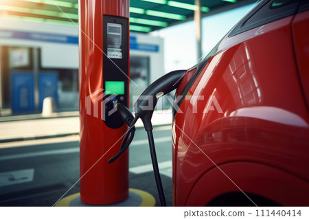 Power cable supply plugged in red electric vehicle car at EV charging station 111440414