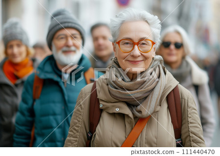 A portrait of a smiling middle age woman on a city street 111440470