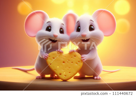 Two happy cartoon white mice, with smiles on their faces, tenderly hold heart-shaped cheese, heartwarming Valentine's Day scene on festive yellow background 111440672