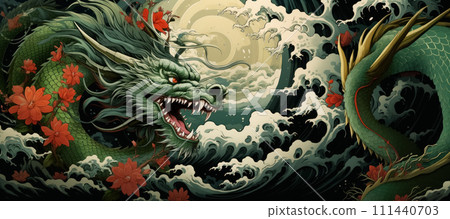 Artwork majestic green dragon with long tail in dynamic expression in natural setting with big red flowers. Chinese, mythology, culture, fantasy character 111440703