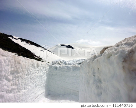 Photographing the famous snow wall while traveling in Tateyama Kurobe, Japan 111440736