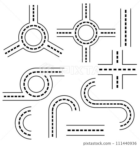 A set of road elements. Stencil of highways, highways. Vector illustration. Black outline, doodle A set of road elements. Stencil of highways, highways. Vector illustration. Black outline, doodle 111440936