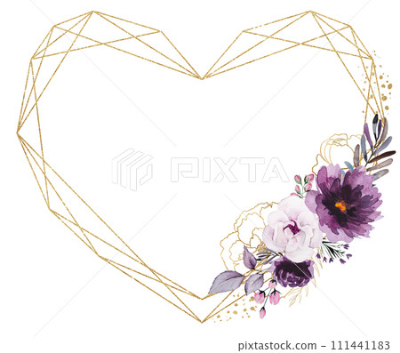 Golden heart Frame with Watercolor Purple and golden peonies flowers bouquet, isolated illustration 111441183