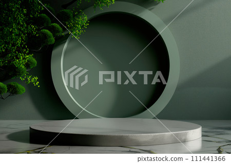 Cylinder podium for product demonstration on green background with nature elements like moss and trees 111441366