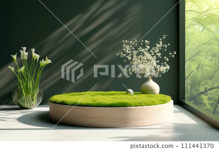 Cylinder podium for product demonstration on green background with nature elements like leaves, plants and flowers Cylinder podium for product demonstration on green background with nature elements like leaves, plants and flowers 111441370