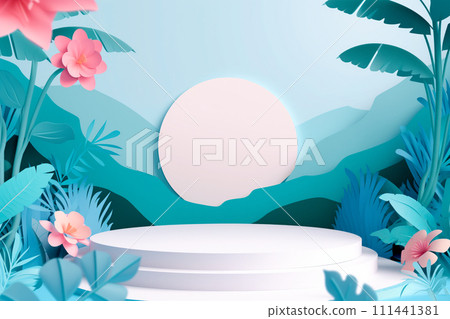 Cylinder podium for product demonstration on green background with nature elements like leaves, plants and flowers Cylinder podium for product demonstration on green background with nature elements like leaves, plants and flowers 111441381