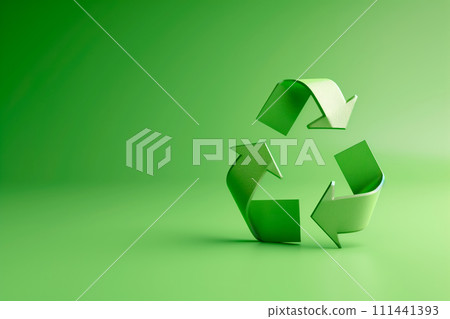 Green recycling symbol overlapping a lush forest canopy to represent environmental sustainability 111441393