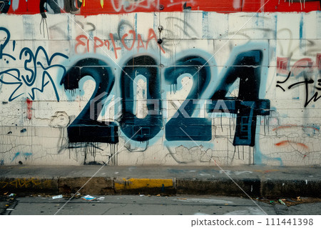 Spray painted graffiti tag of the word 2024 on a brick wall on city street, creating a blurred effect Spray painted graffiti tag of the word 2024 on a brick wall on city street, creating a blurred effect 111441398