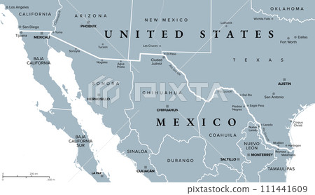 Mexico-United States border, gray political map. International border between countries Mexico and USA, with states, capitals, and most important cities. Most frequently crossed border in the world. 111441609