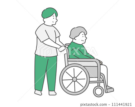 一位輪椅的年長婦女有一位男性照料者的 111441921