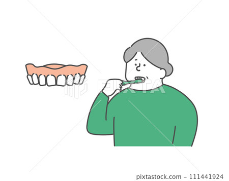 一位老年婦女進行口腔護理和假牙的插圖 111441924
