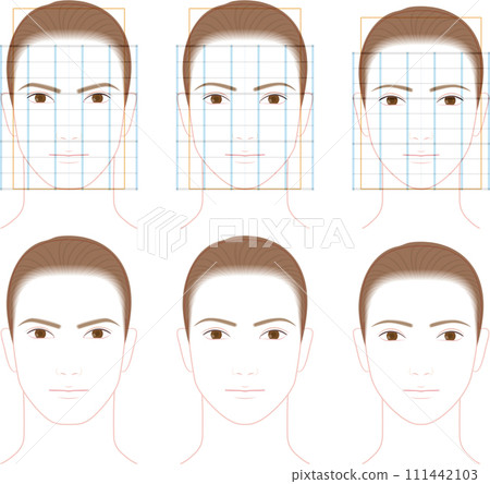 男人的正面,給人一種端莊、溫柔、可愛的印象。男人臉和可愛臉的比例圖解 男人的正面,給人一種端莊、溫柔、可愛的印象。男人臉和可愛臉的比例圖解 111442103