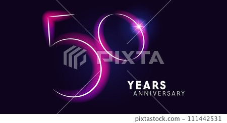 50 years anniversary vector logo, icon. Graphic symbol with neon 50th anniversary 111442531