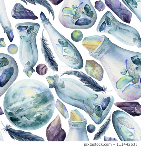Hand drawn watercolor illustration sea witch altar objects. Glass vial bottle precious stones feathers beads. Seamless pattern isolated on white background. Design print, shop, magic, packaging, paper 111442633