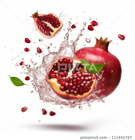 Pomegranate and sliced pomegranate in a splash of water on a white background. Juicy fruits. 111442787