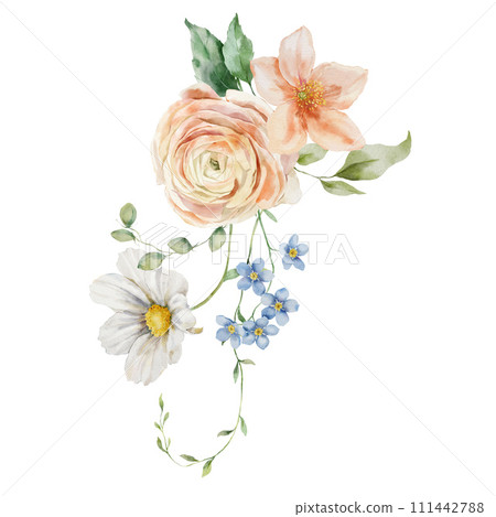 Watercolor bouquet of ranunculus, chamomile and leaves. Hand painted card of floral elements isolated on white background. Holiday flowers Illustration for design, print, fabric, background. 111442788