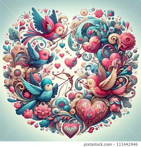 可以作為情人節禮物的插圖，帶有可愛的玫瑰框和鳥圖案[AI生成的圖像] 111442946