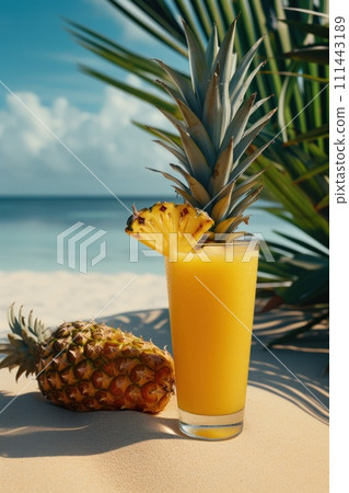 Tropical fruits pineapple juice on sunny beach under palm shadow. Generative AI 111443189