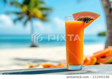 Tropical Papaya lassi or fruits juice on sunny beach under palm shadow. Generative AI 111443190