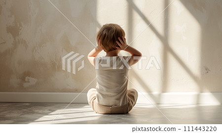 AI-generated content. Lonely little boy sitting on floor at home. Autism concept AI-generated content. Lonely little boy sitting on floor at home. Autism concept 111443220