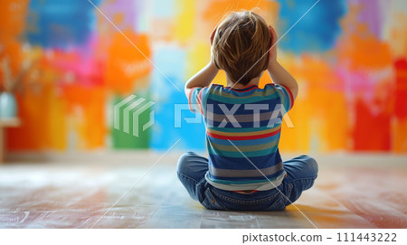 AI-generated content. Lonely little boy sitting on floor at home. Autism concept 111443222