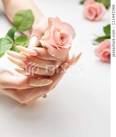 Female Hands on a white background with beautiful pearl manicure.Hands on a brown background and beautiful pearl manicure 111443366