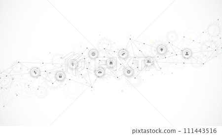 Information technology background with infographic elements and flat icons. Digital technology, network connection and communication concept. Vector illustration. Information technology background with infographic elements and flat icons. Digital technology, network connection and communication concept. Vector illustration. 111443516