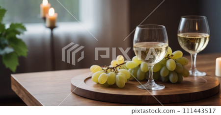 AI-generated content. Cozy wine tasting setting two glasses of white wine, cheese, and grapes. A warm and inviting atmosphere for a relaxed evening or wine tasting. AI-generated content. Cozy wine tasting setting two glasses of white wine, cheese, and grapes. A warm and inviting atmosphere for a relaxed evening or wine tasting. 111443517