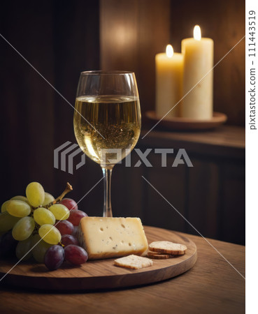 AI-generated content. Cozy wine tasting setting glass of white wine, cheese, and grapes. A warm and inviting atmosphere for a relaxed evening or wine tasting. AI-generated content. Cozy wine tasting setting glass of white wine, cheese, and grapes. A warm and inviting atmosphere for a relaxed evening or wine tasting. 111443519