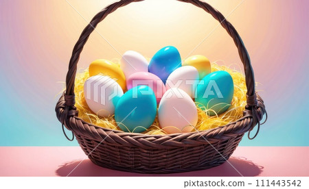 AI-generated content. Colorful Easter Eggs in Basket, A festive Easter card featuring a woven basket brimming with vibrant, pastel-colored eggs. Perfect for springtime celebrations and holiday 111443542