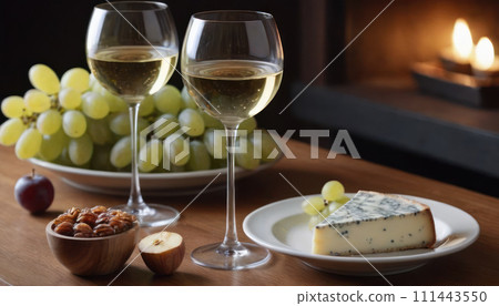 AI-generated content. Cozy wine tasting setting two glasses of white wine, cheese, and grapes. A warm and inviting atmosphere for a relaxed evening or wine tasting. AI-generated content. Cozy wine tasting setting two glasses of white wine, cheese, and grapes. A warm and inviting atmosphere for a relaxed evening or wine tasting. 111443550