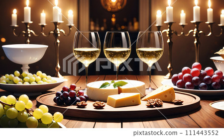 AI-generated content. Cozy wine tasting setting glasses of white wine, cheese, and grapes. A warm and inviting atmosphere for a relaxed evening or wine tasting. 111443552
