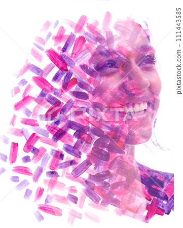 A colorful double exposure paintography portrait of a smiling young woman 111443585