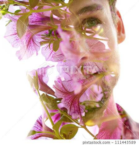 A partially transparent double exposure portrait of a young smiling man 111443589