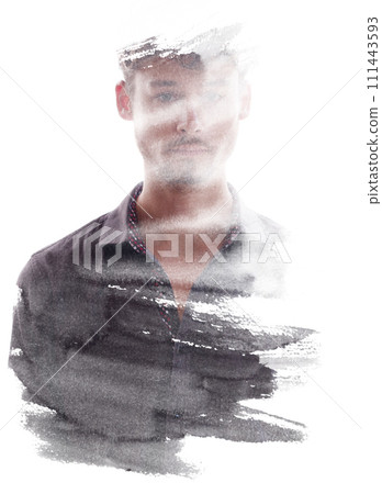 An elusive full-front male silhouette in double exposure paintography 111443593