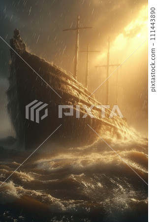 AI-generated content. Noahs Ark Sailing in Vast Body of Water. Generative AI. 111443890
