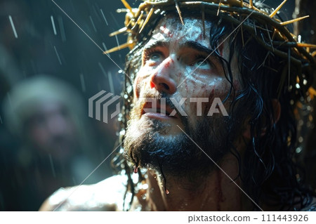AI-generated content. Man Wearing Crown of Jesus on His Head. Generative AI. 111443926