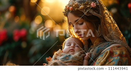 AI-generated content. Holy Virgin Mary Holding Baby Jesus Christ in Her Arms. Generative AI. 111443941