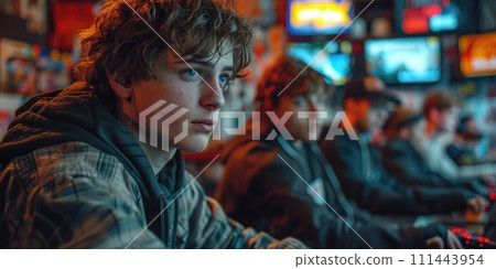 AI-generated content. Group of Young Men Sitting Together. Generative AI. 111443954