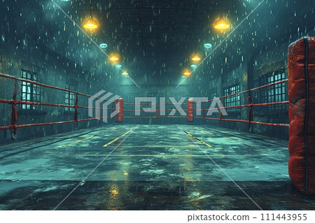 AI-generated content. Boxing Ring With Red Punching Bag in the Center. Generative AI. 111443955