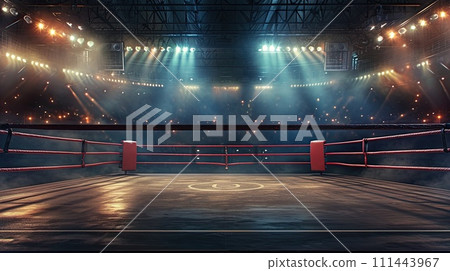 AI-generated content. Boxing Ring With Central Boxing Ring at Fight Night. Generative AI. 111443967