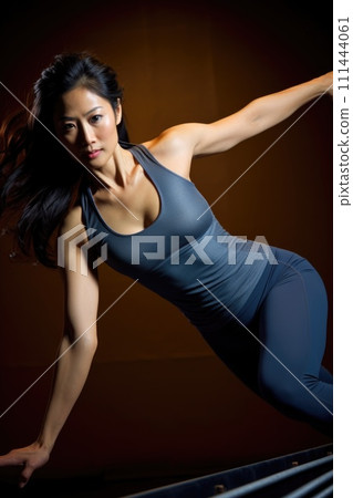 AI-generated content. Asian Woman in Blue Dress Performing Trick. Generative AI. 111444061