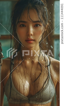 AI-generated content. Asian Woman in Bikini Holding a Sword. Generative AI. 111444091