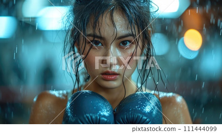 AI-generated content. Asian Woman Boxing With Gloves in the Rain. Generative AI. 111444099