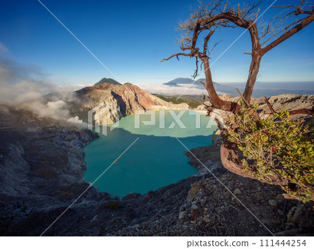 Aerial view of mount Kawah Ijen volcano crater at sunrise, East Java, Indonesia 111444254