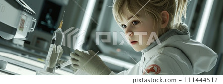 AI-generated content. Little Girl in White Jacket Holding a Syringe. Generative AI. 111444512