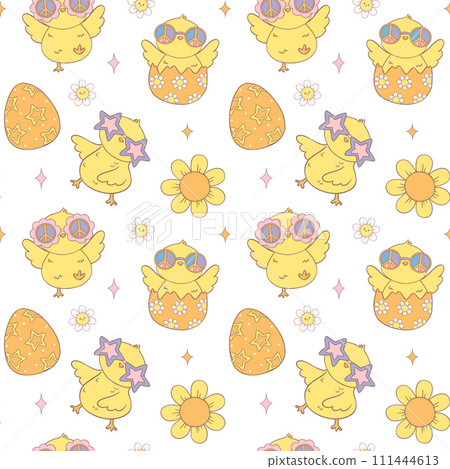Festive Groovy Easter Pattern Seamless retro Chick collection in Playful animal doodle drawing isolated on white background. Festive Groovy Easter Pattern Seamless retro Chick collection in Playful animal doodle drawing isolated on white background. 111444613