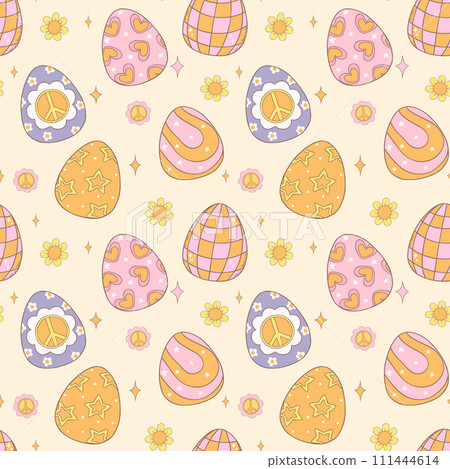 Festive Groovy Easter Pattern Seamless retro Easter Eggs in retro doodle drawing isolated on background. Festive Groovy Easter Pattern Seamless retro Easter Eggs in retro doodle drawing isolated on background. 111444614