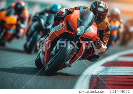 Racing motorcycles are racing at high speed on the race track 111444632