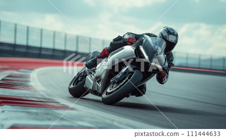 Motorbike rider in helmet  and gear racing at high speed on race track with motion blur 111444633